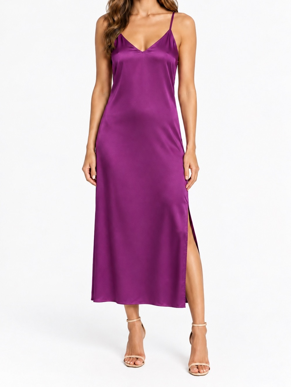 The Drop XXS Purple Satin Slip Midi Dress Side Slit
